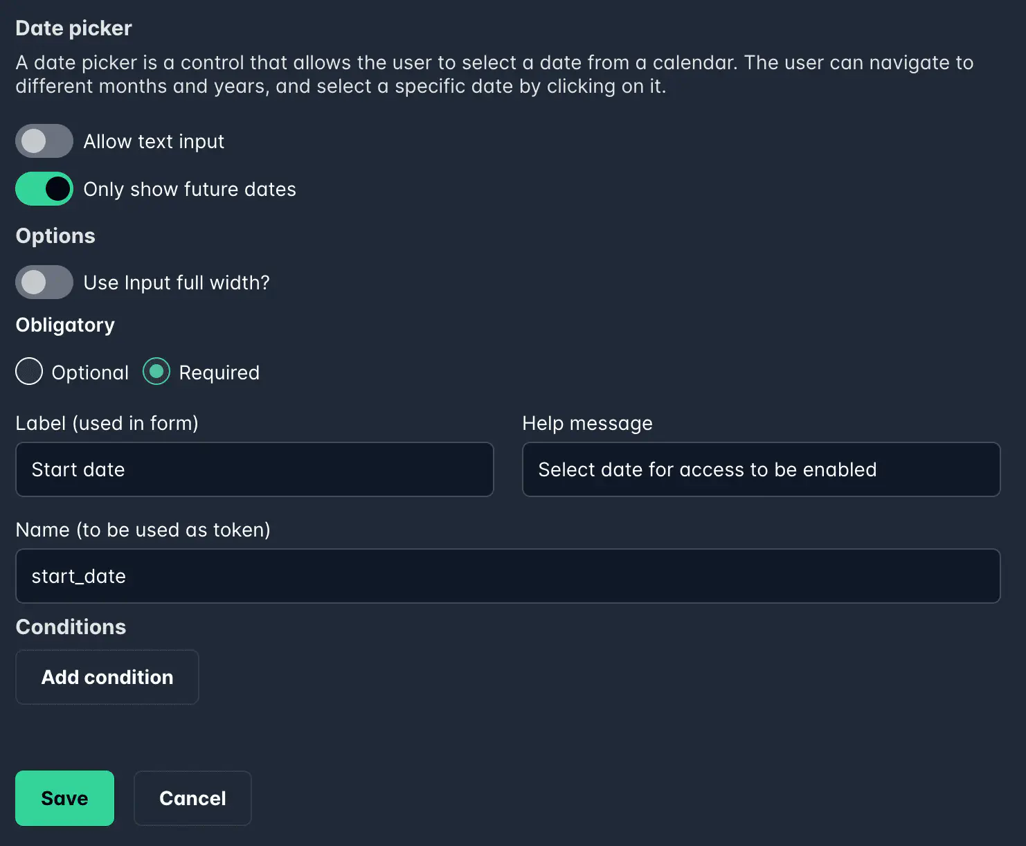 Screenshot: Date picker input