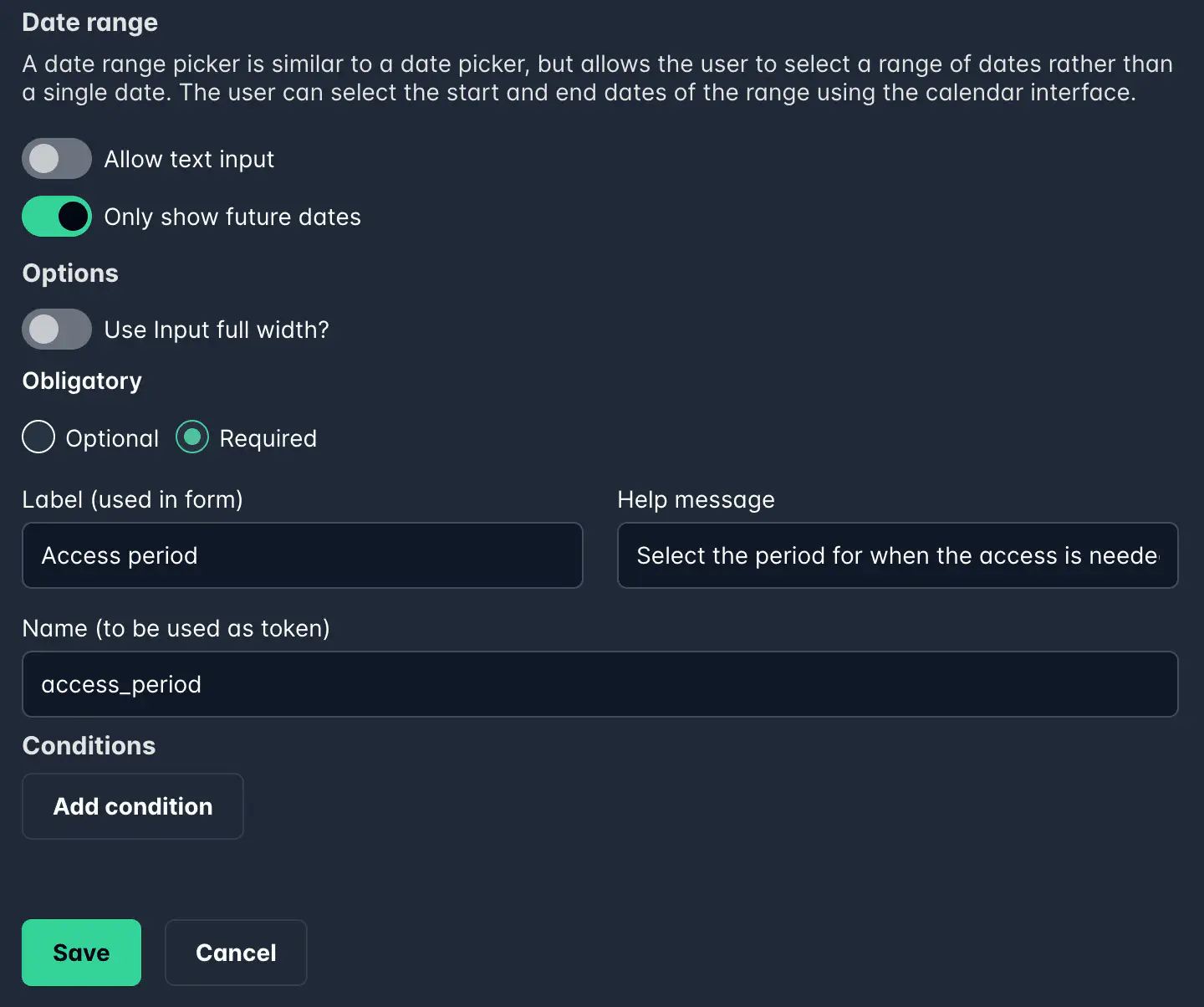 Screenshot: Date range picker input