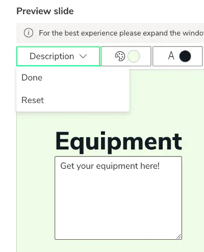 Screenshot: Editing slide description for category slide