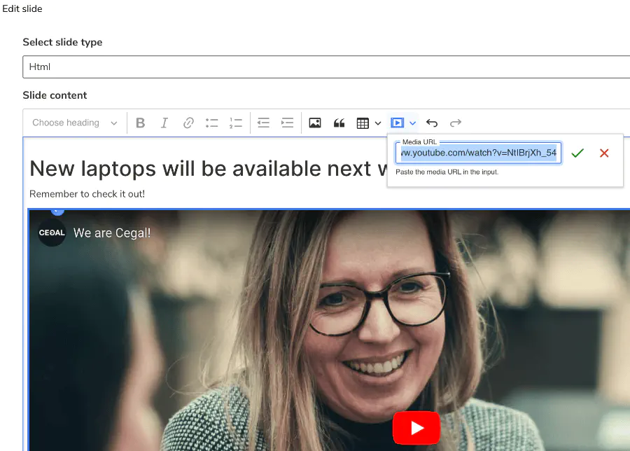 Screenshot: Custom HTML slide using rich text editor