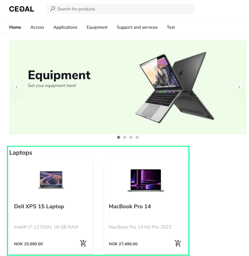 Screenshot: Example of featured categories with product thumbnails