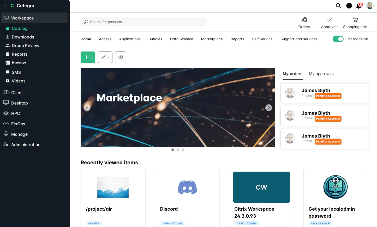 Screenshot: Catalog front page showing search, slides, and featured categories