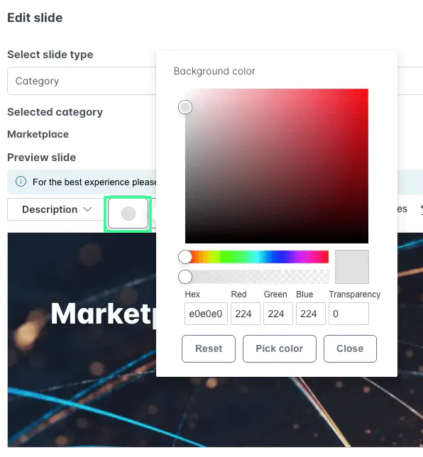 Screenshot: Background color picker tool for slides