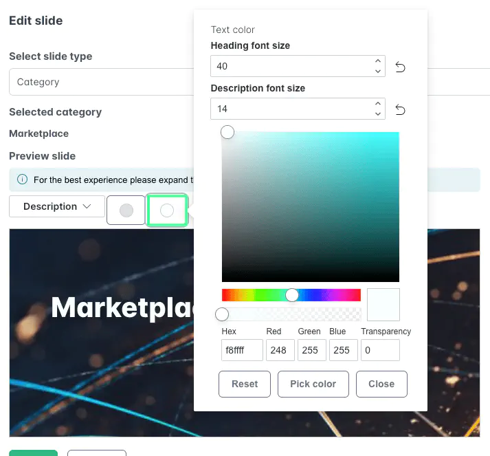 Screenshot: Font style tool to edit title and description text
