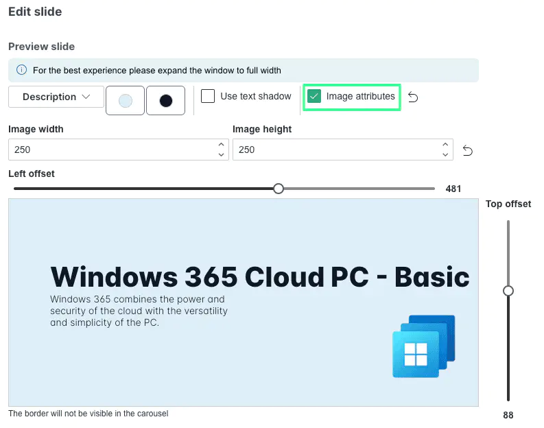 Screenshot: Image attribute panel showing size and position controls