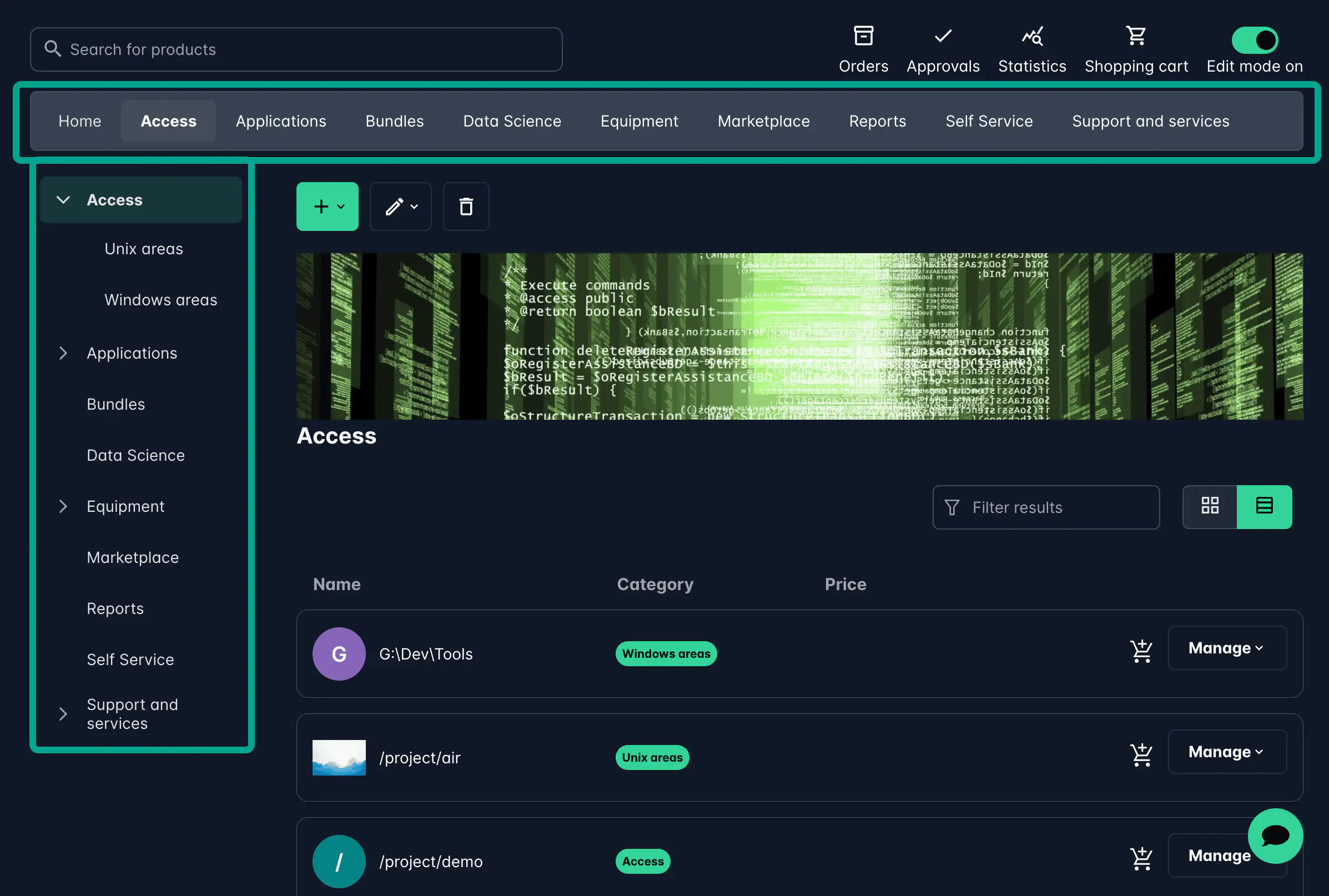Screenshot: Category navigation panel showing nested structure