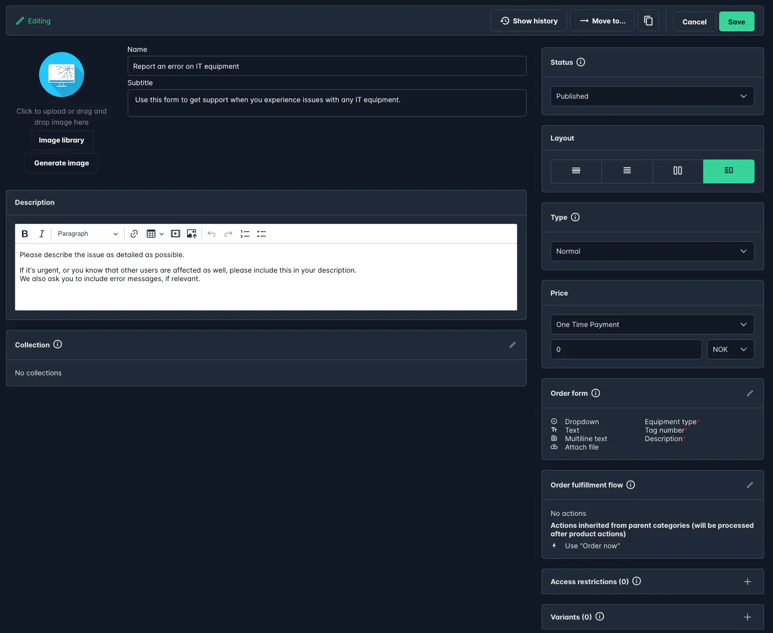 Screenshot: Form builder showing input fields for a product