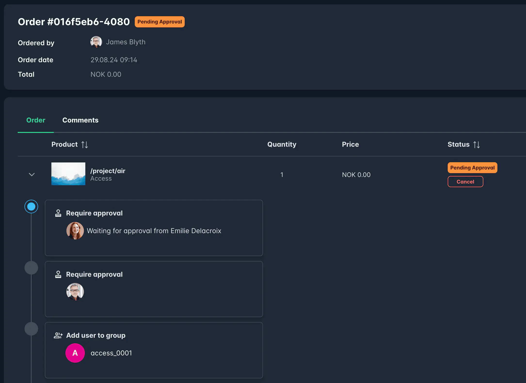 Screenshot: Example of a configured approval workflow with multiple approvers
