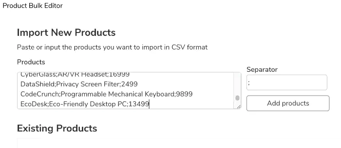 Screenshot: Bulk import data example