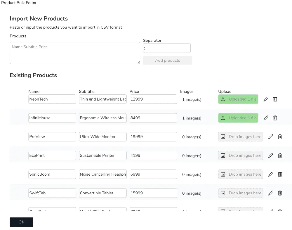 Screenshot: Quick edit and image import after bulk import