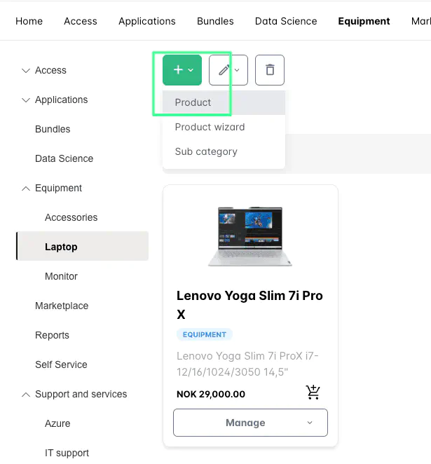 Screenshot: Adding a new product inside a category