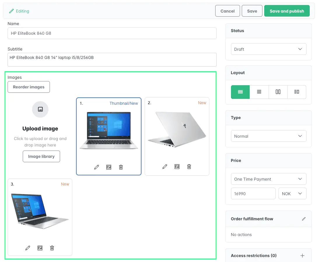 Screenshot: Product image upload area