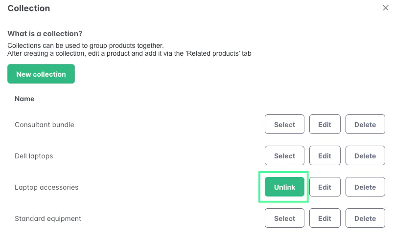 Screenshot: Selecting products for a collection
