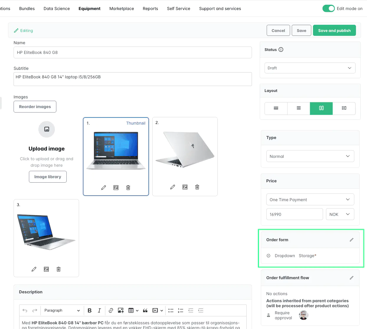 Screenshot: Order form area in product editor