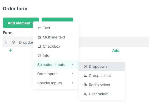 Screenshot: Form editor for adding form elements