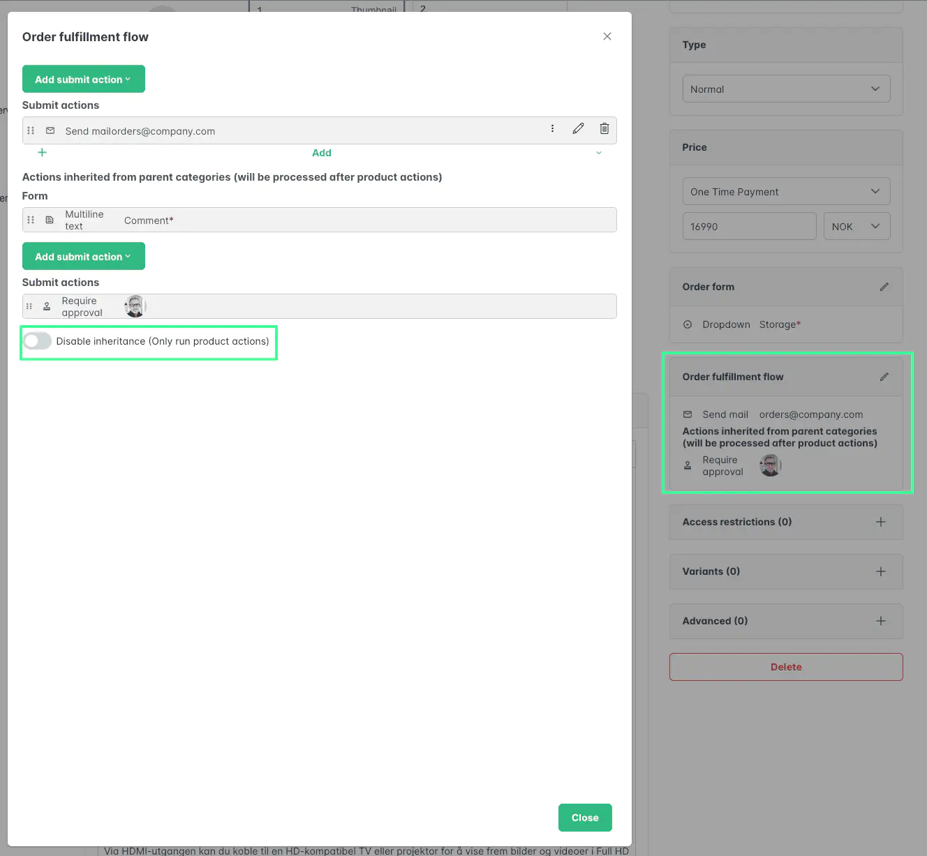 Screenshot: Order fulfillment flow and inheritance toggle