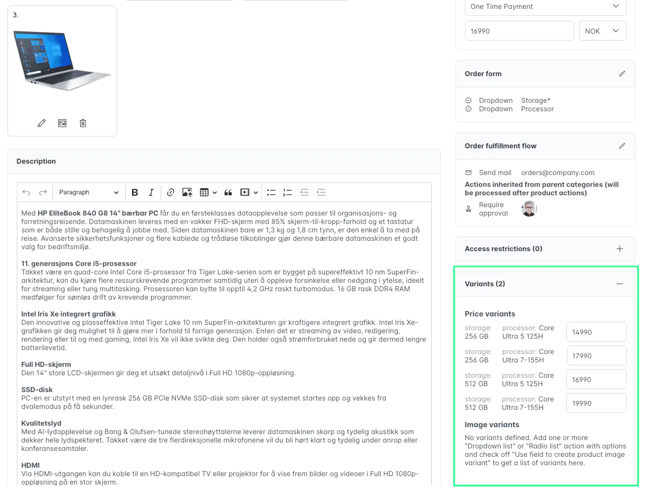 Screenshot: Product variant matrix with pricing options