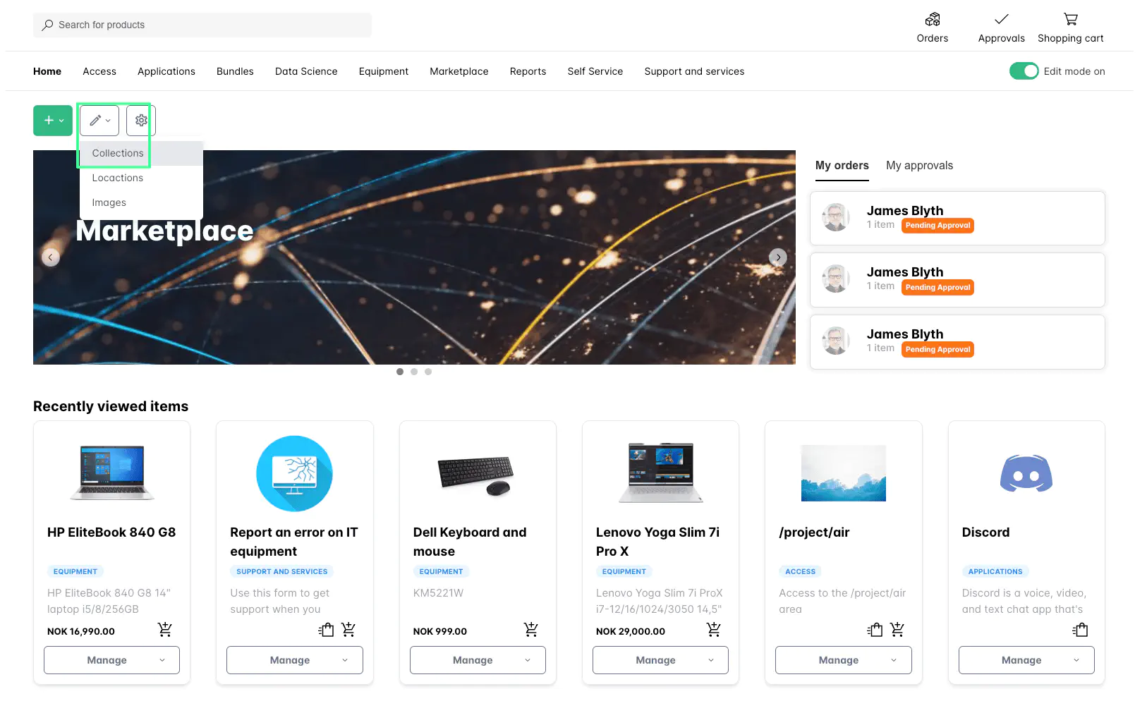 Screenshot: Opening collection management panel