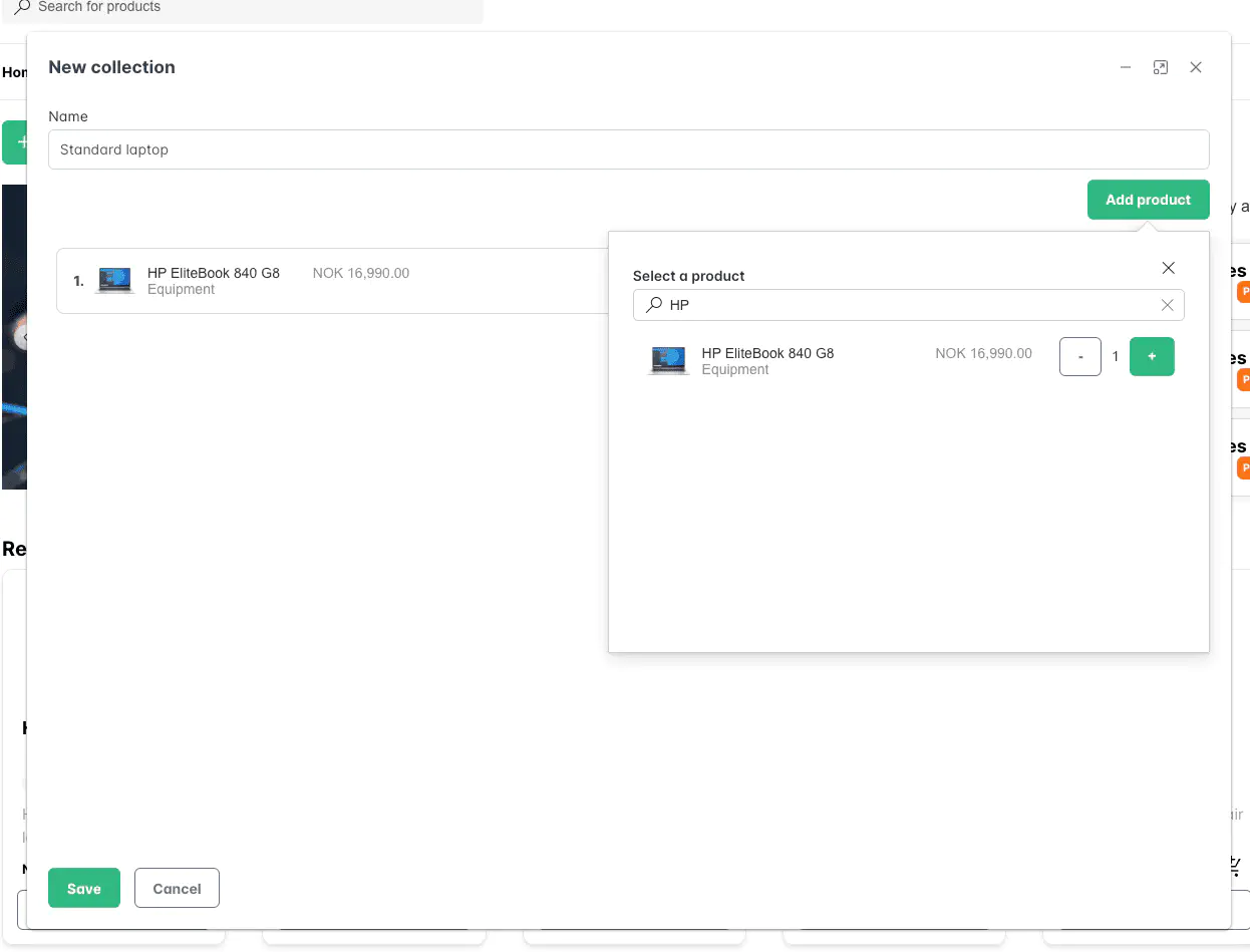 Screenshot: Adding products to a new collection