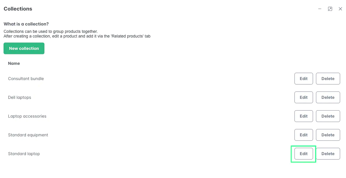 Screenshot: Editing existing product collection
