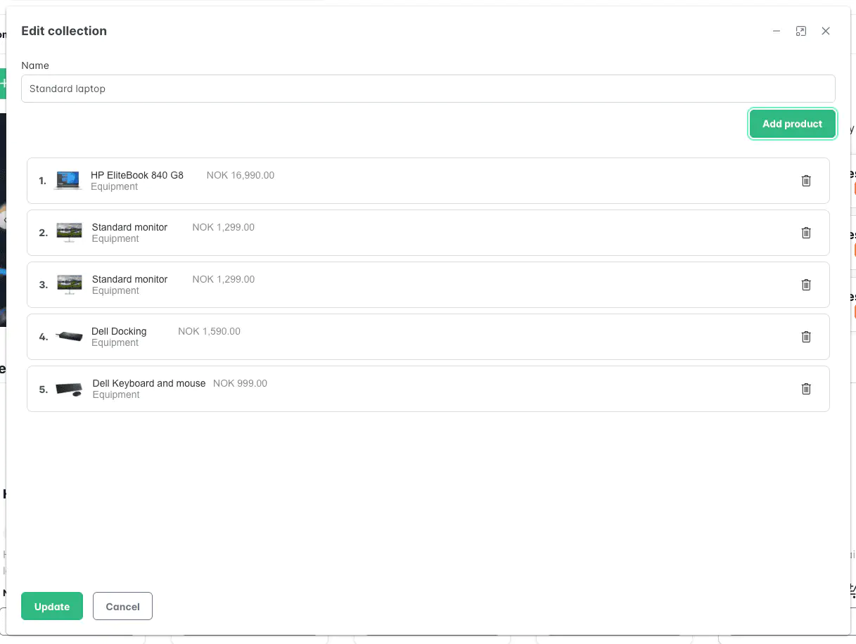 Screenshot: Product collection list