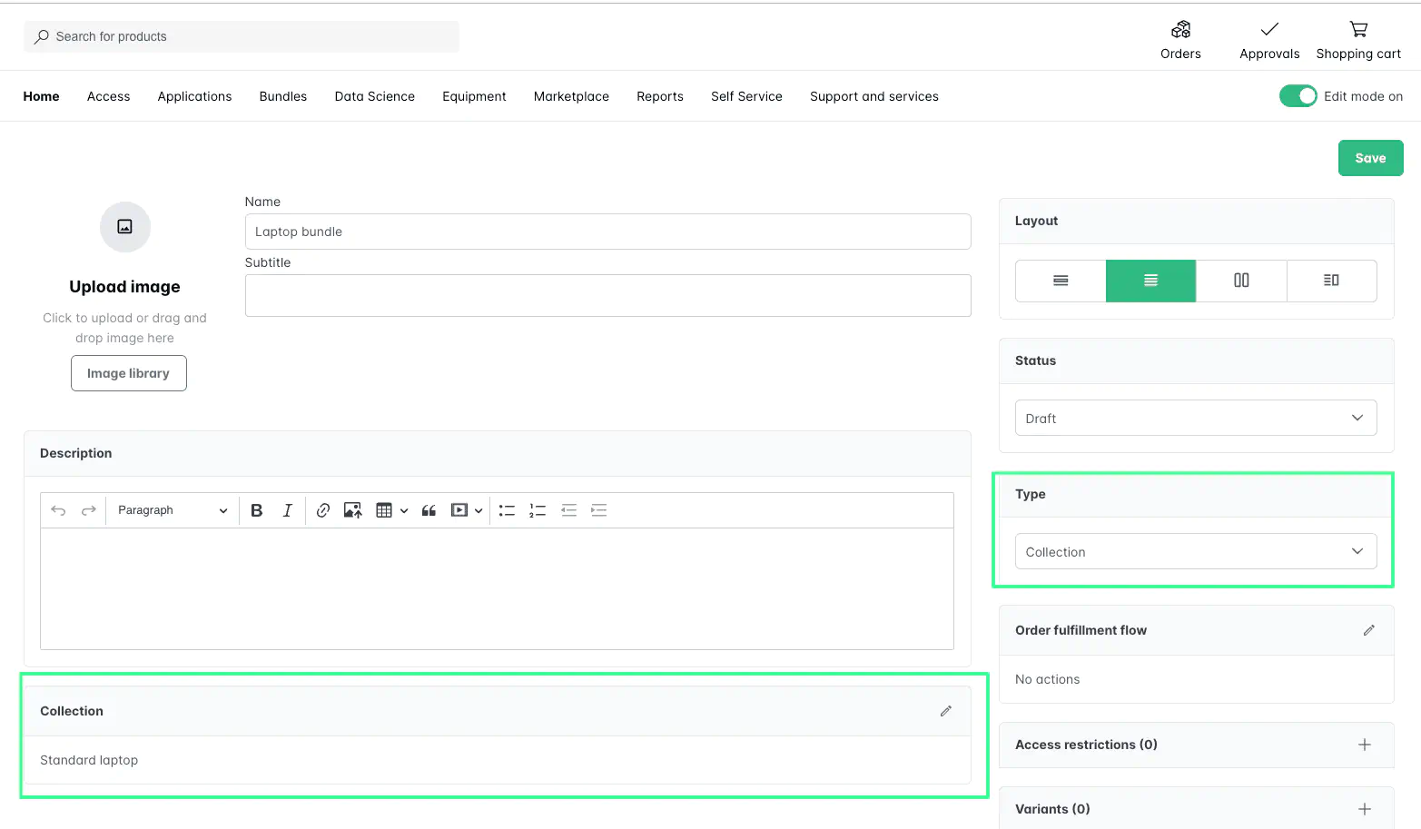 Screenshot: Configuring a collection product type
