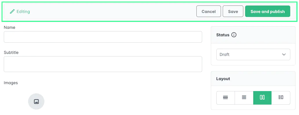 Screenshot: Product editor toolbar showing save, publish, and cancel buttons