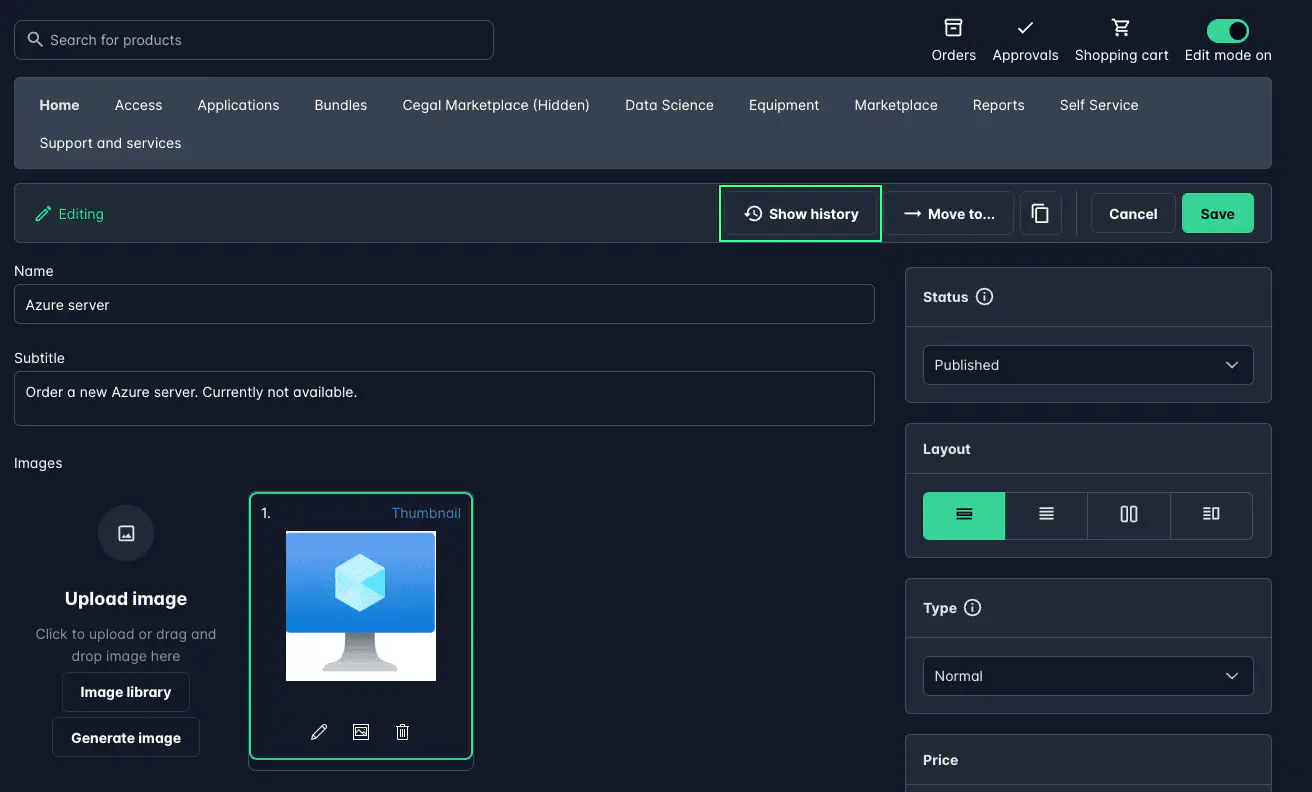 Screenshot: Product history view showing changes