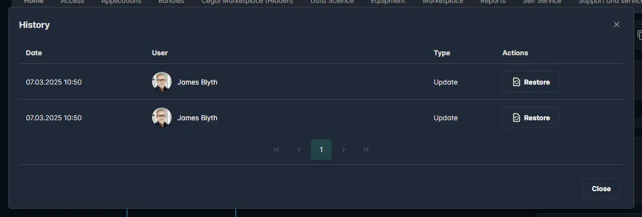 Screenshot: Restore previous product version from history
