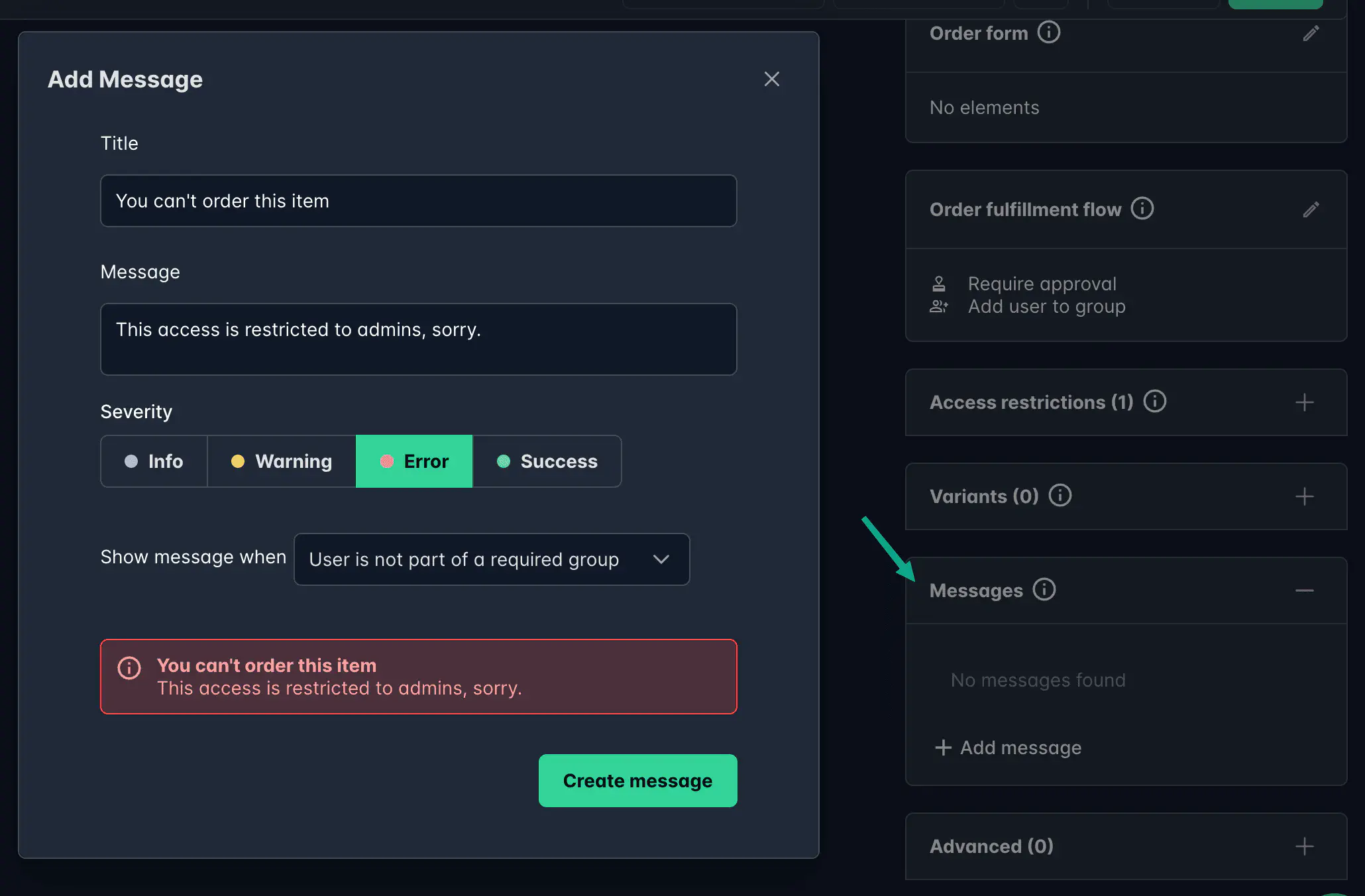 Screenshot: Messages configuration section in product edit mode