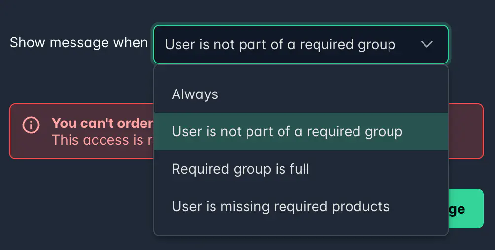 Screenshot: Display condition options for product messages