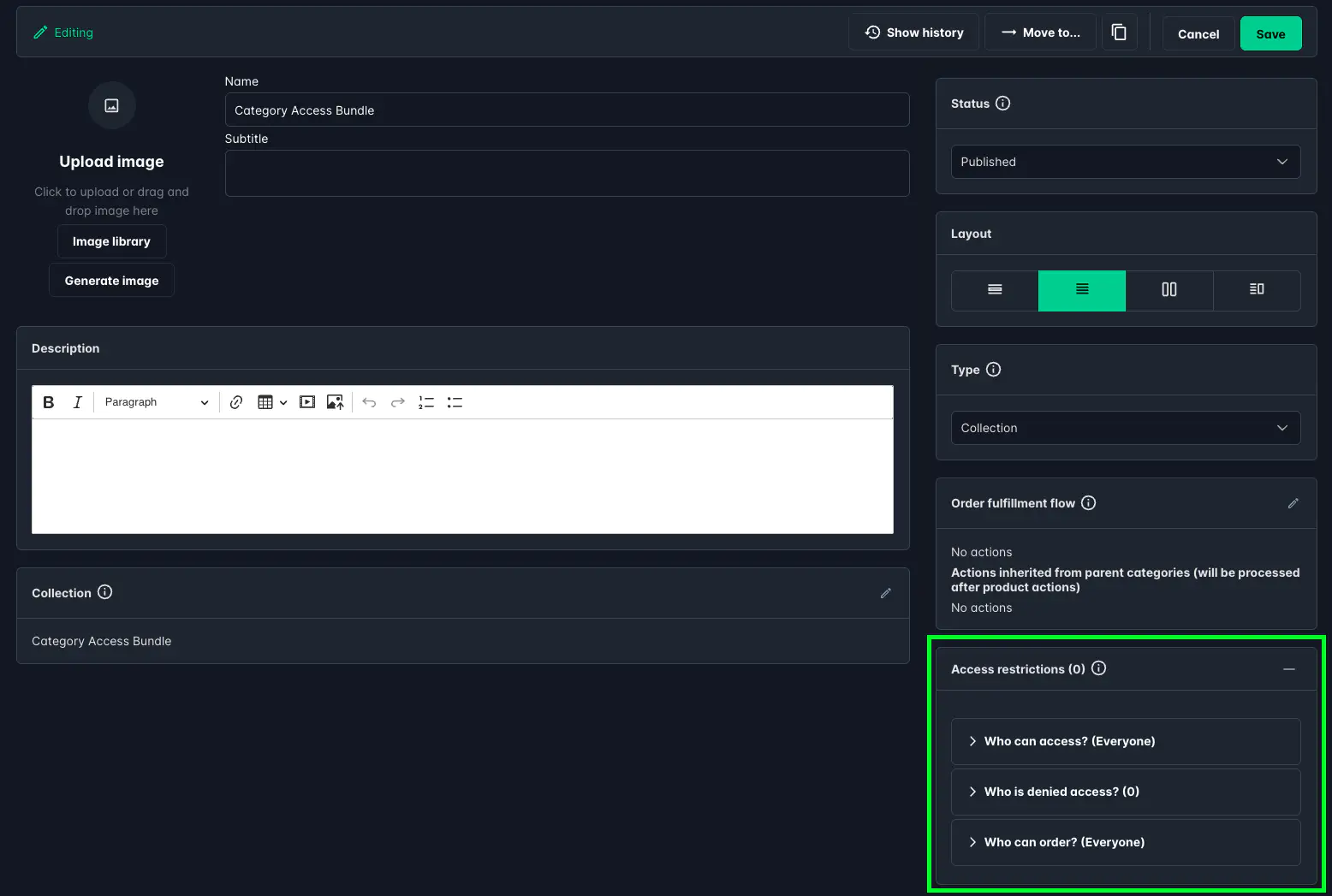 Screenshot: Product access restriction overview