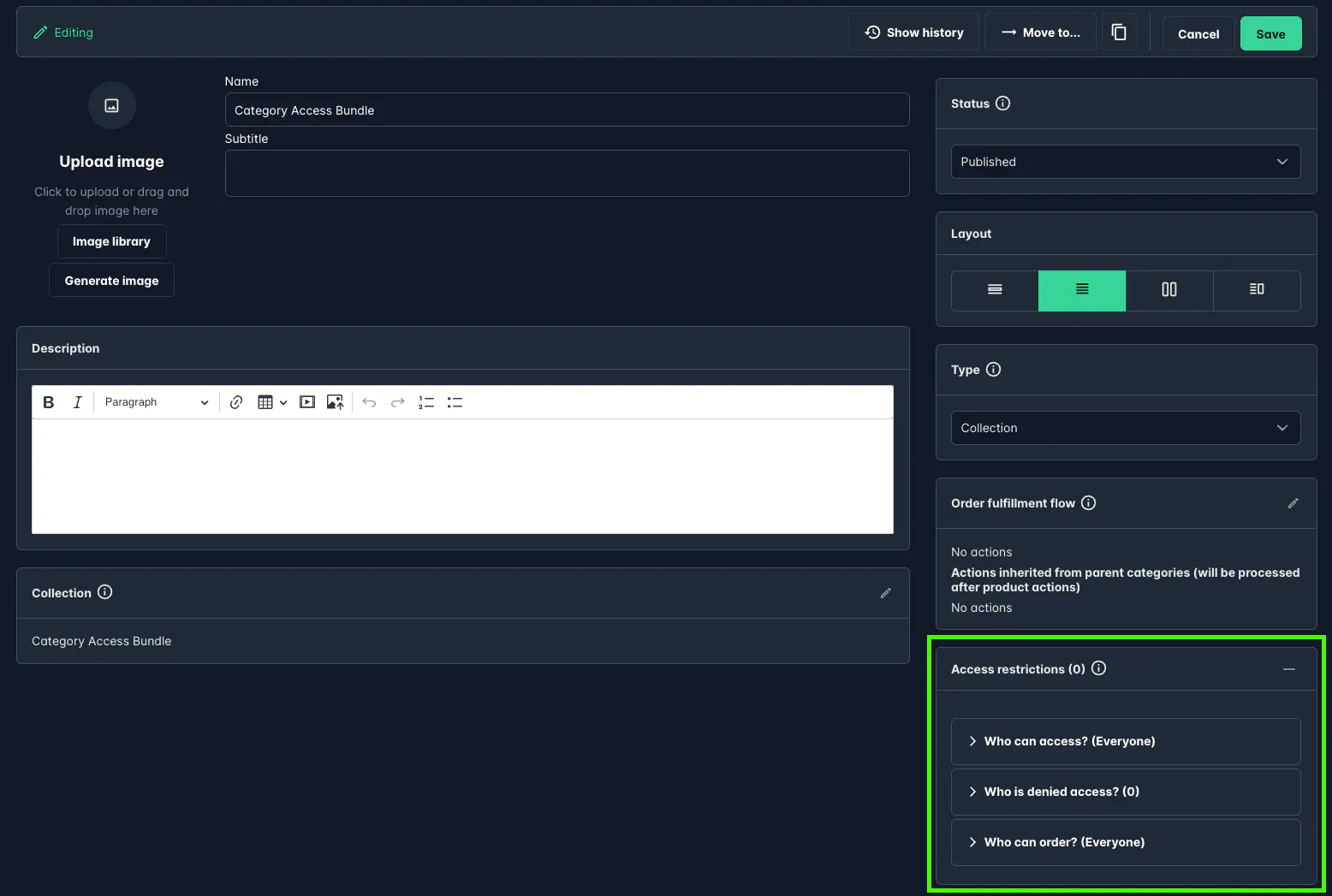 Screenshot: Product access restriction overview