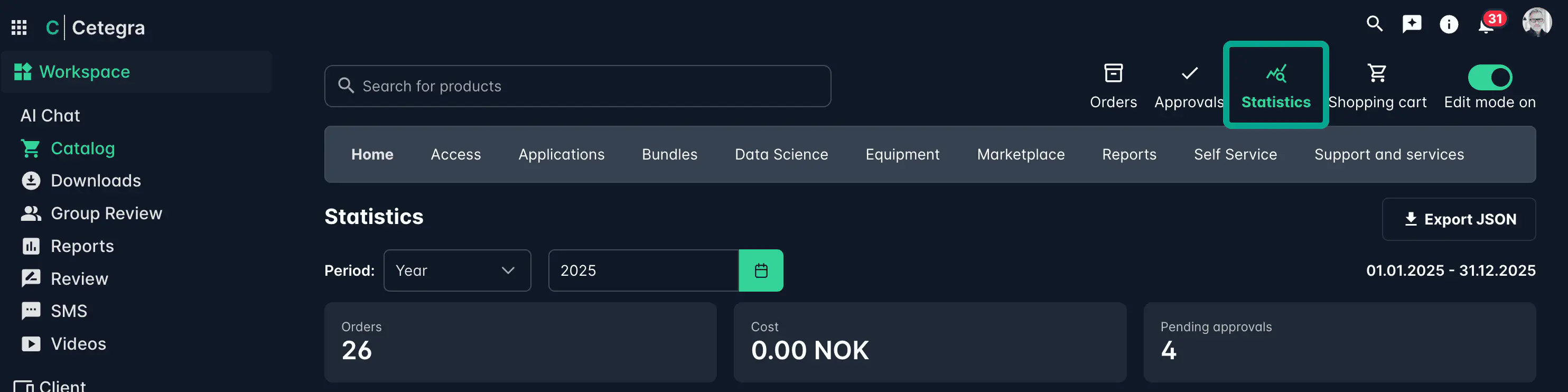 Screenshot: Catalog top menu showing Statistics module