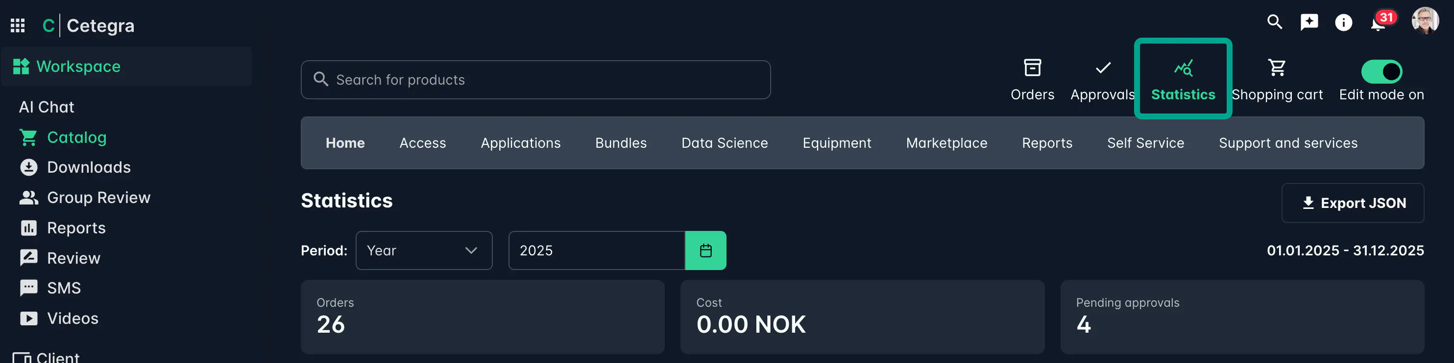 Screenshot: Catalog top menu showing Statistics module