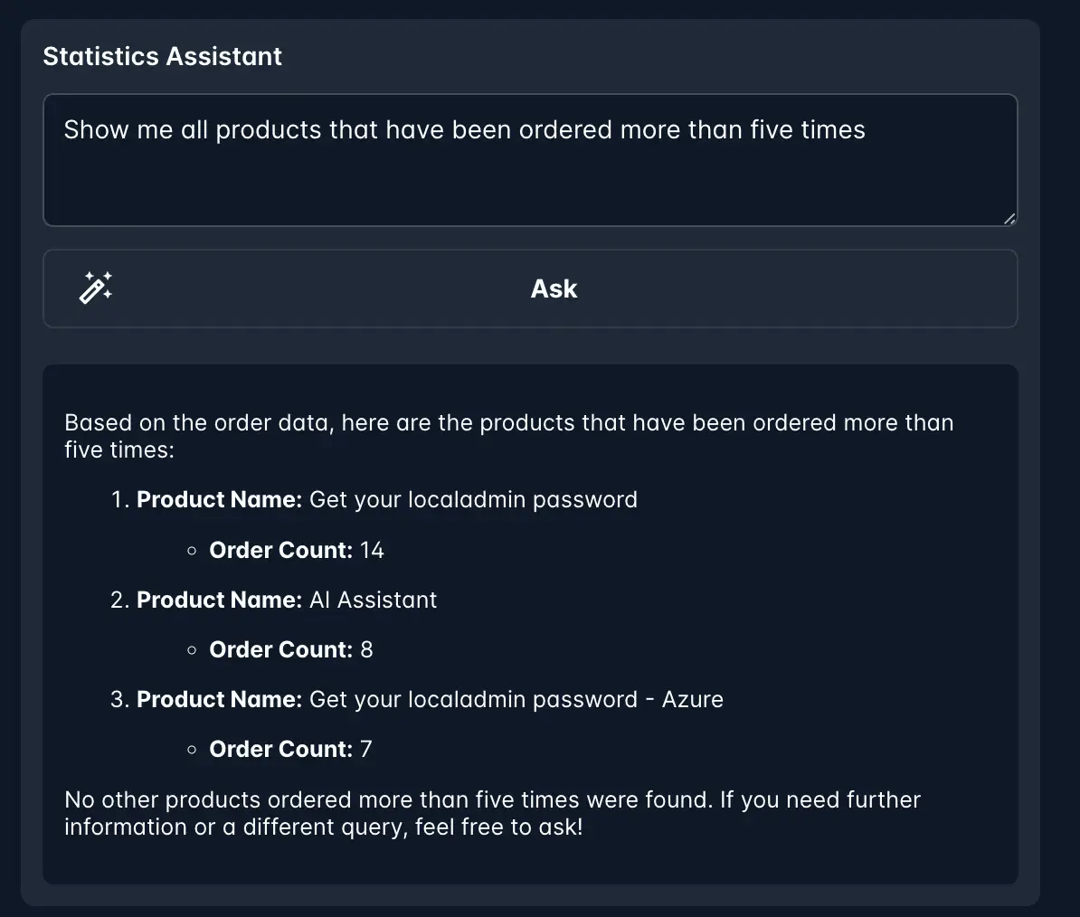 Screenshot: Statistics Assistant example showing AI chat interface
