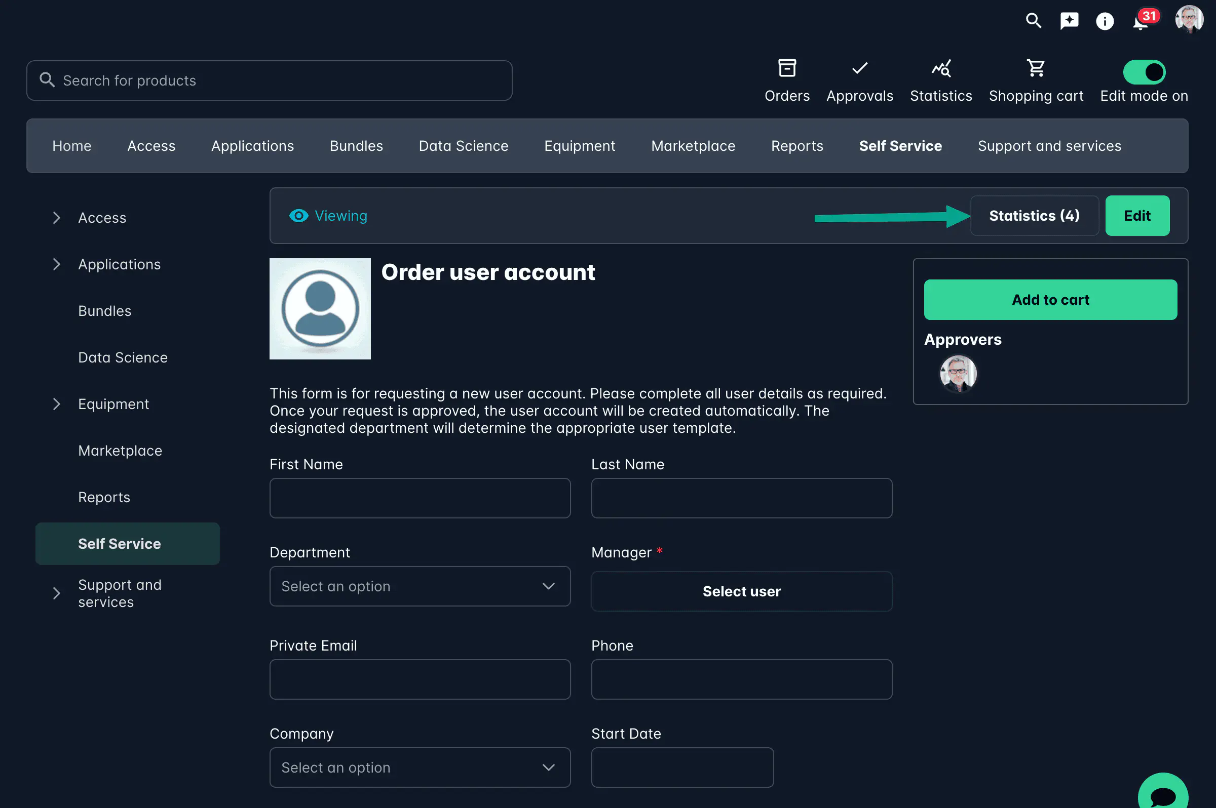 Screenshot: Statistics button on product page in edit mode