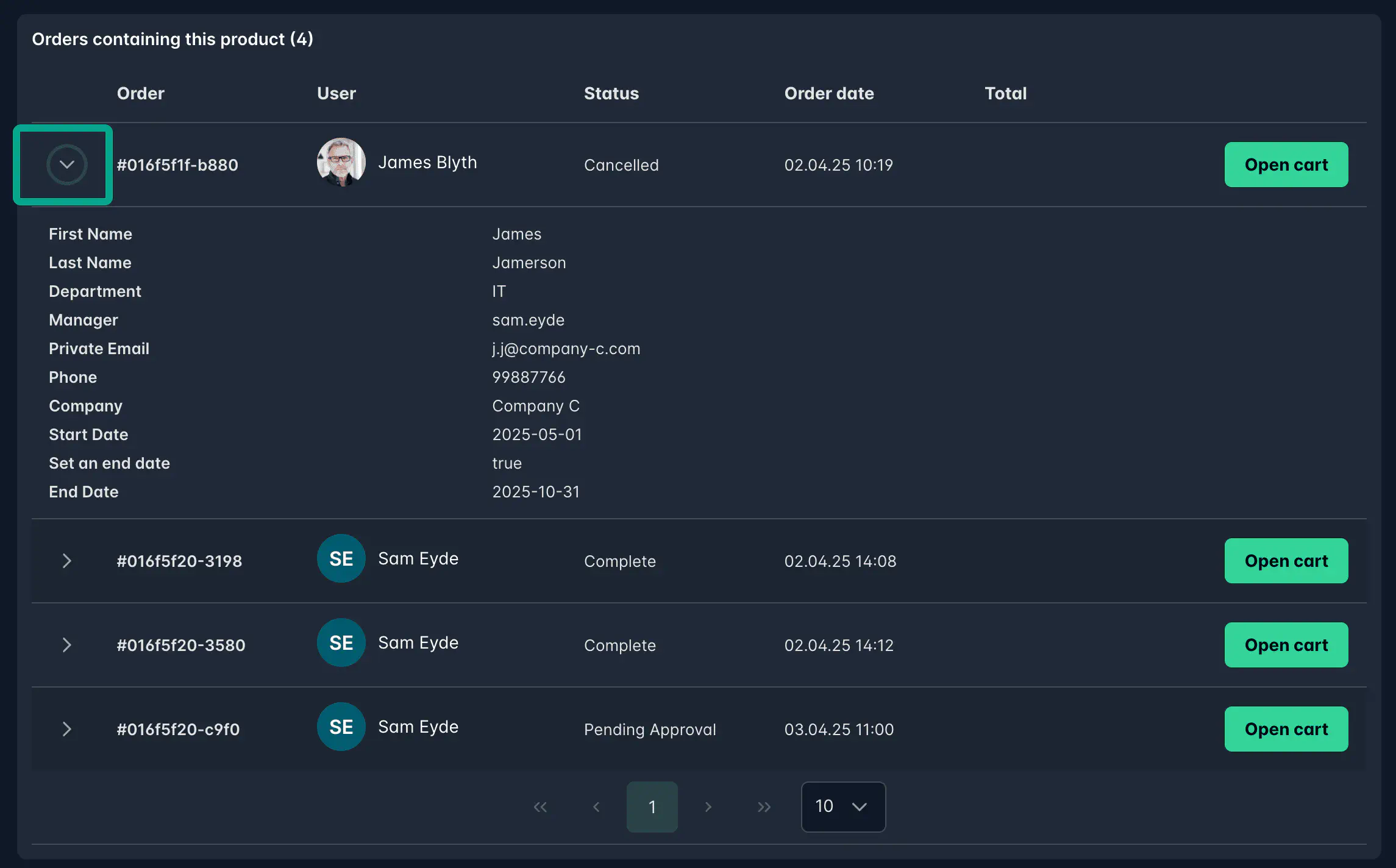Screenshot: Orders table with expanded form field details