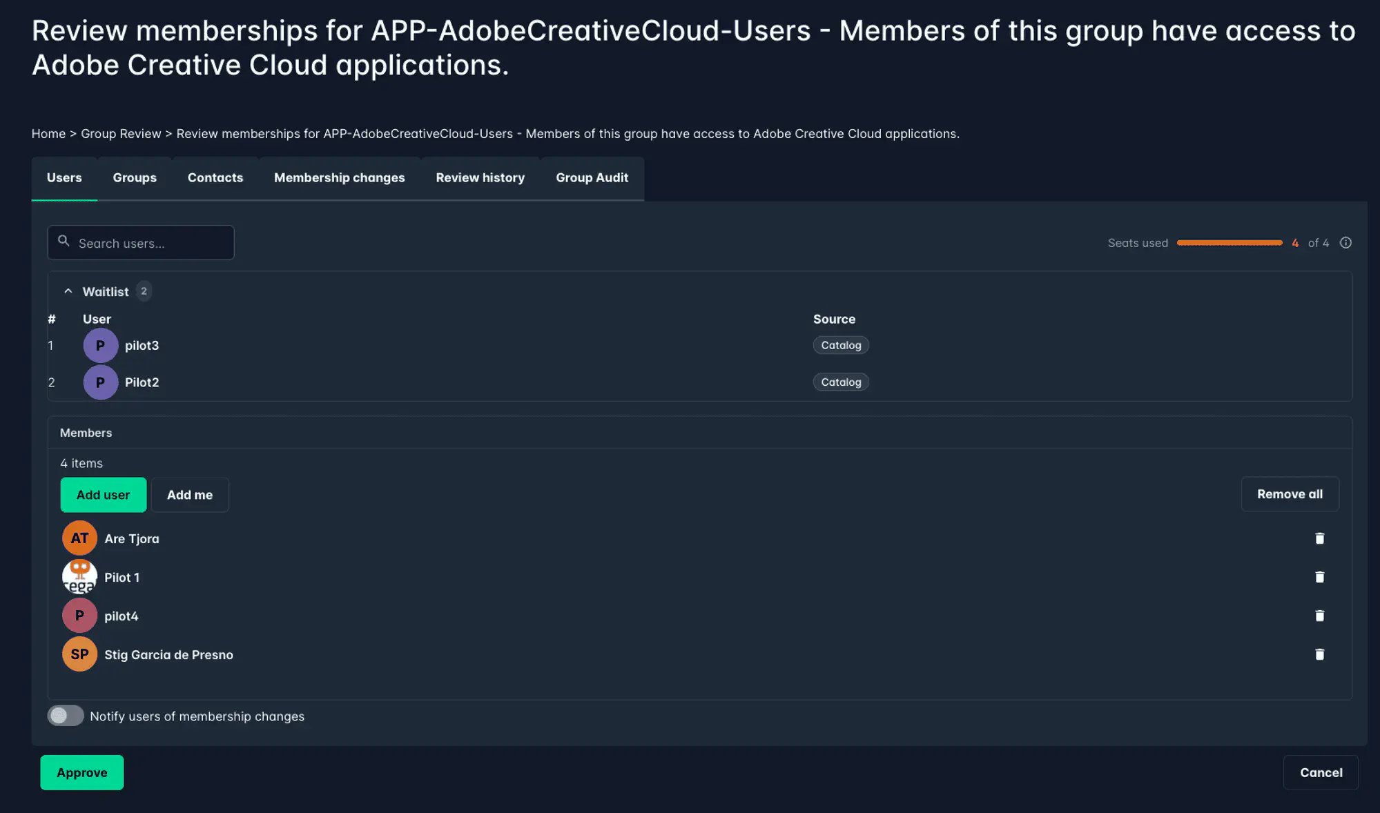 Group Review showing Seats used capacity indicator and expanded Waitlist section with queued users