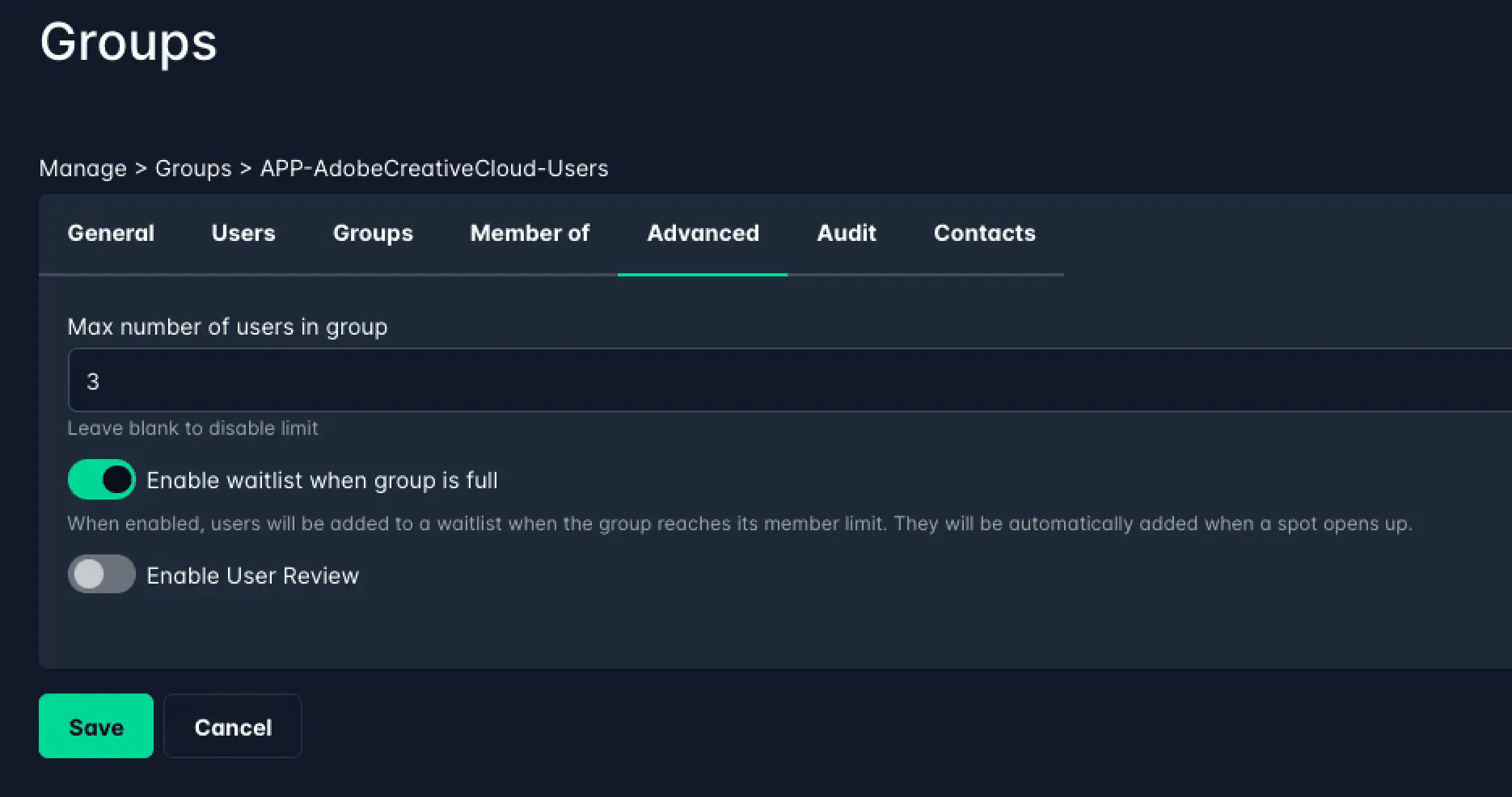 Advanced tab showing Max Members set to 3 and Enable waitlist toggle enabled