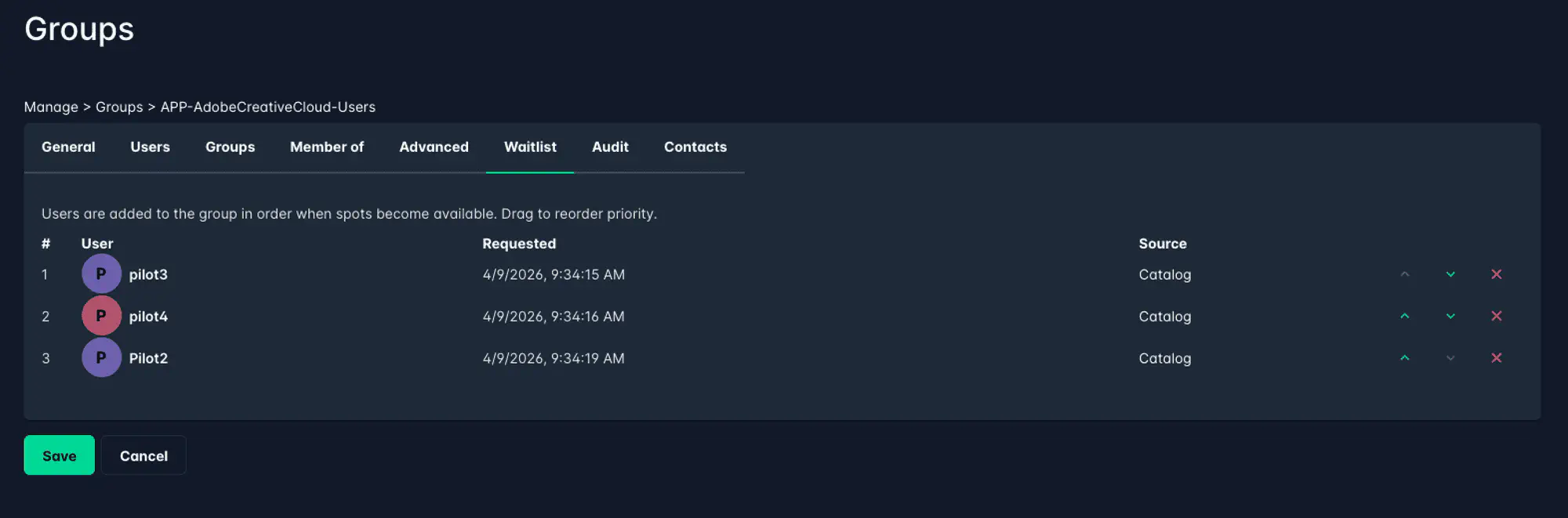 Waitlist tab in the group editor showing queued users with position, request time, and source