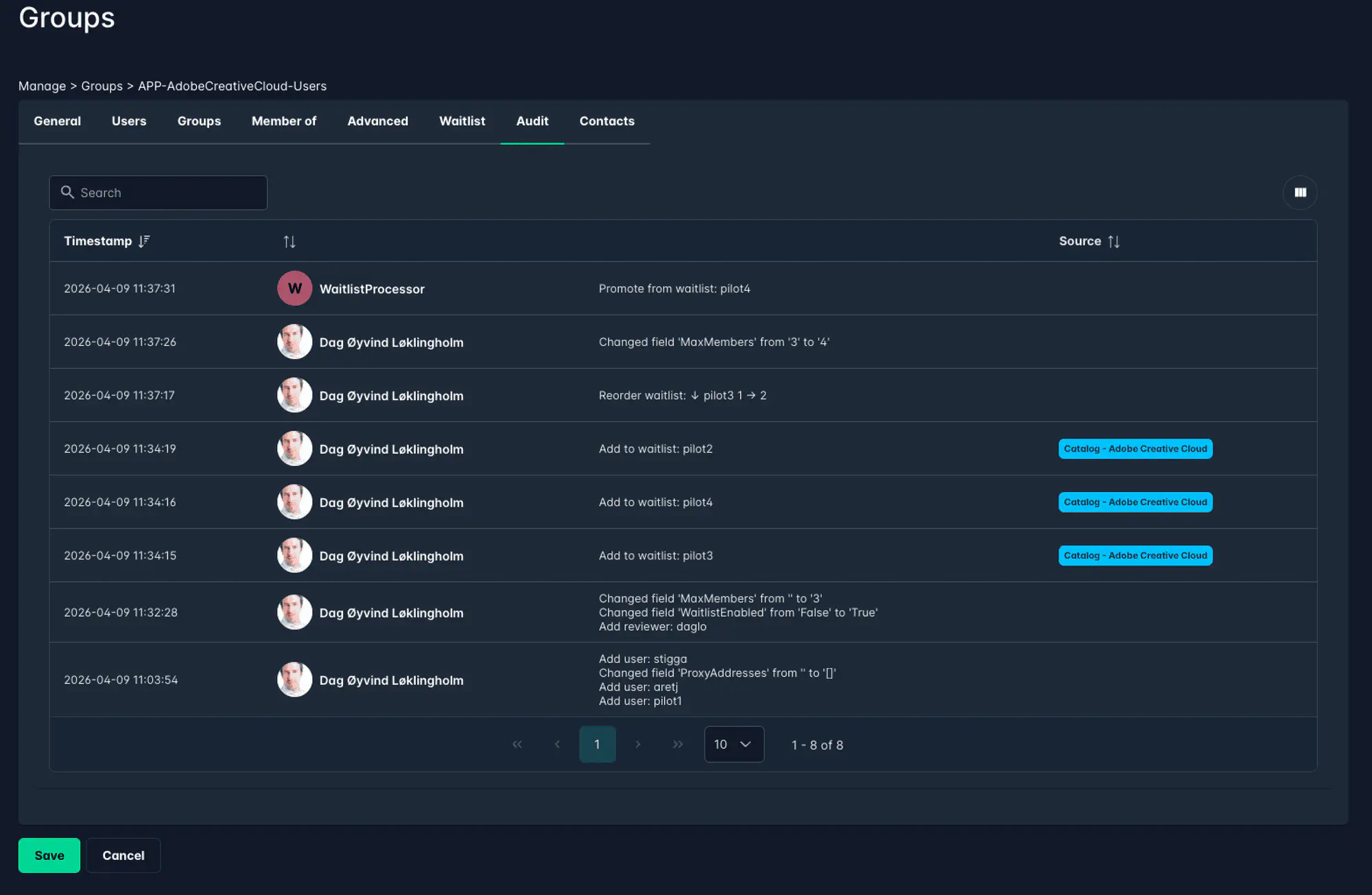 Audit tab showing waitlist activity including adds, reorder, capacity change, and automatic promotion