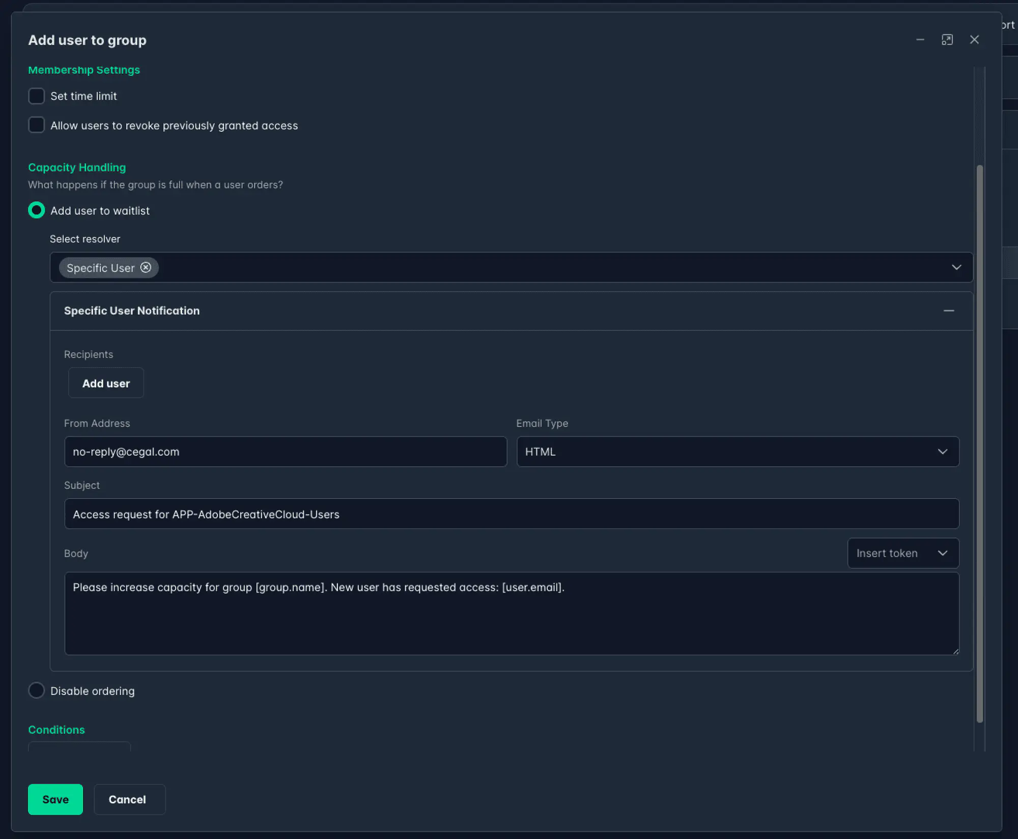 Specific User resolver configuration with Recipients, From Address, Email Type, Subject, and Body fields