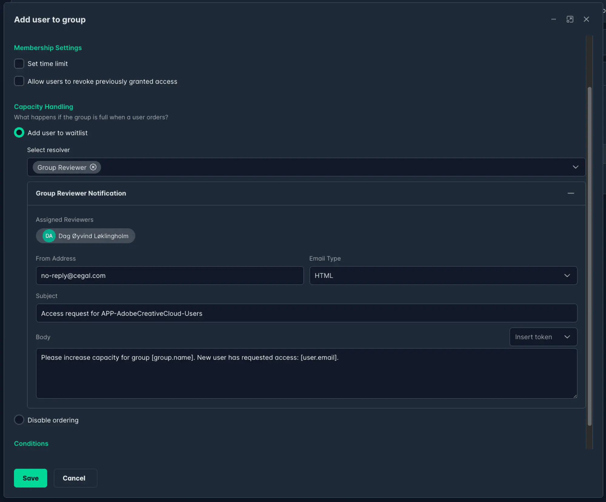 Group Reviewer resolver showing assigned reviewers and email configuration fields