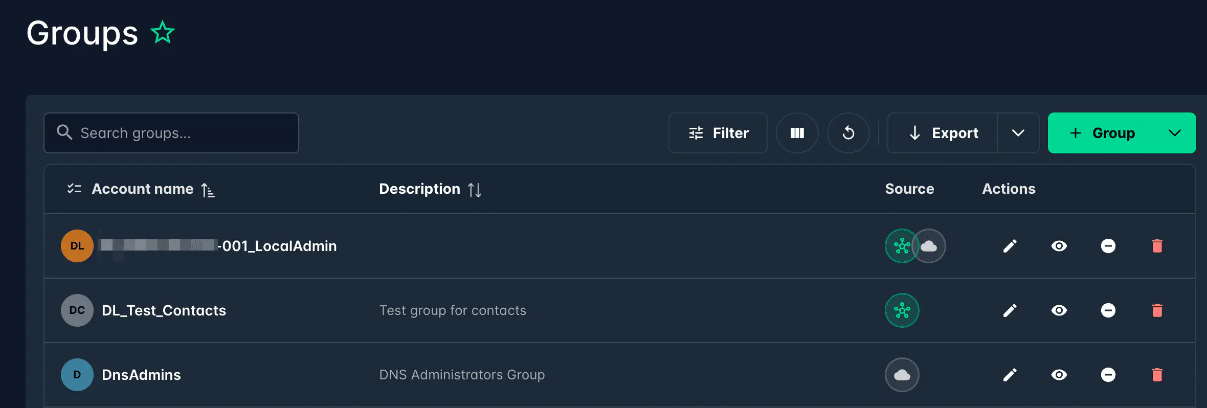 Group list showing Source column