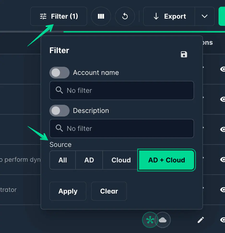 Filter panel showing Source options