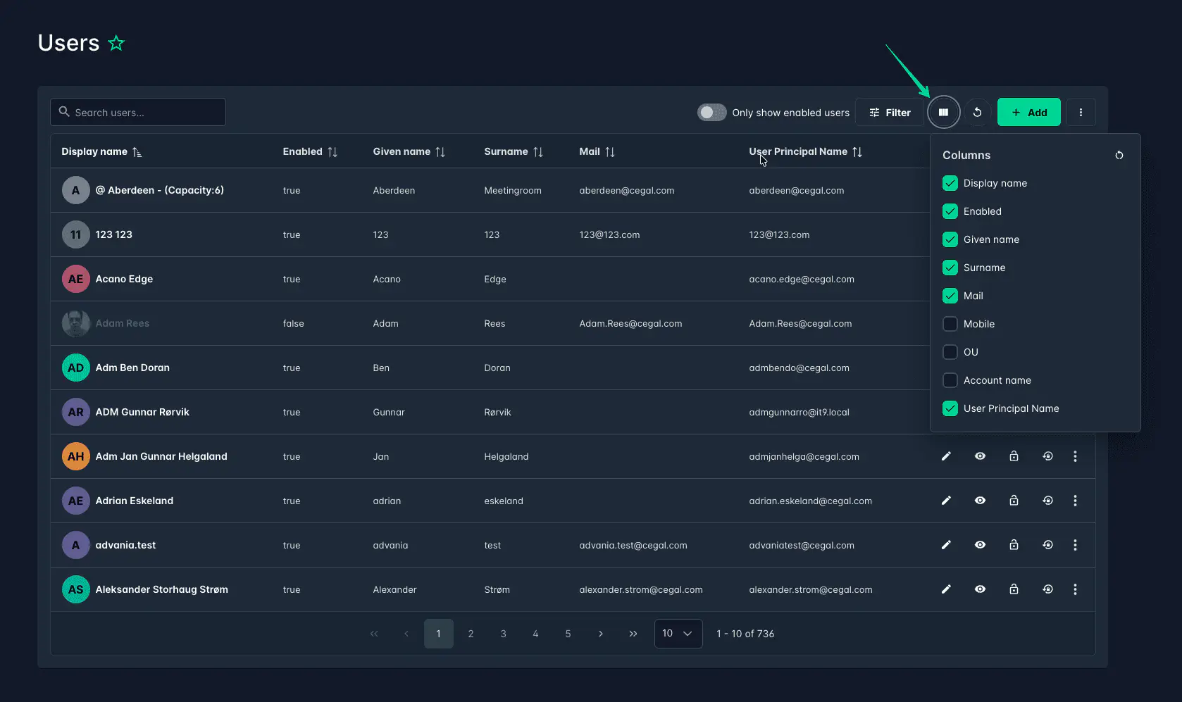 Column selector showing toggleable columns in the user list